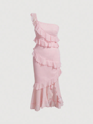 MOD 1pc One Shoulder Ruffle Trim Ruffle Hem Dress