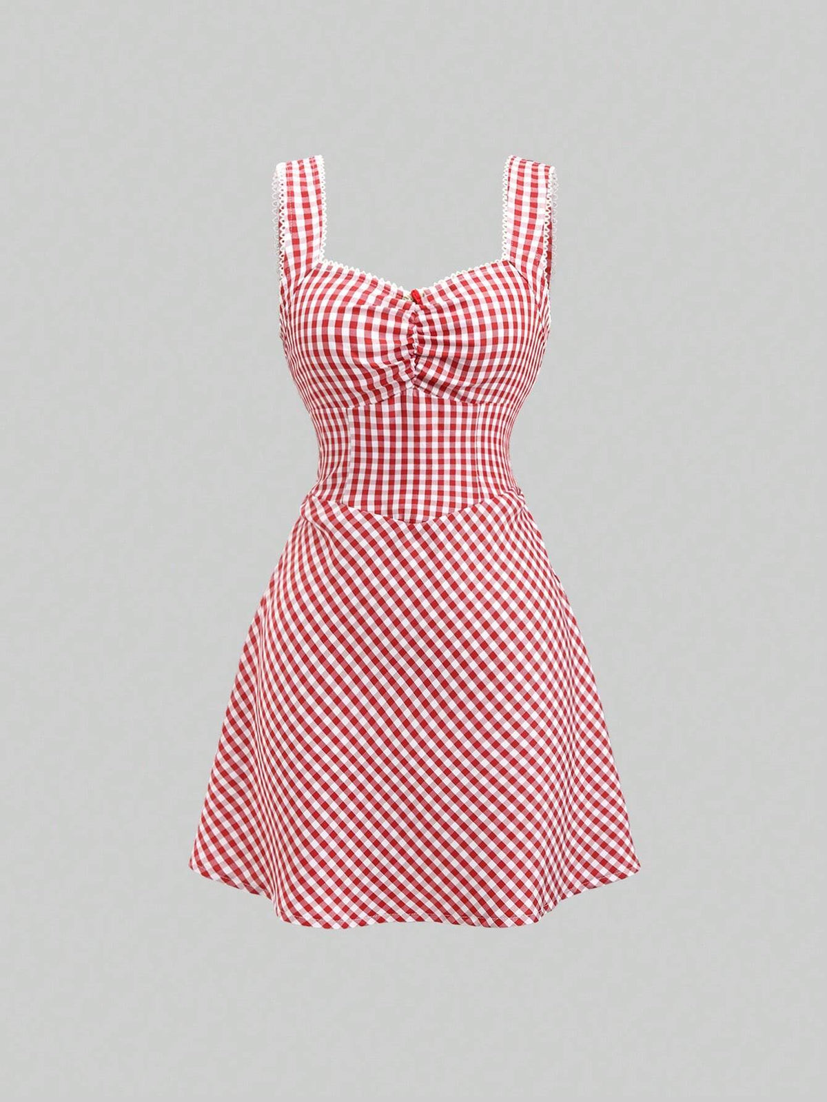 1pc Red & White Checkered Sleeveless Casual Dress, Summer