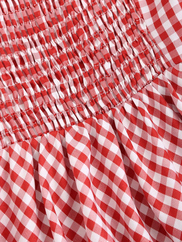 1pc Red & White Checkered Sleeveless Casual Dress, Summer
