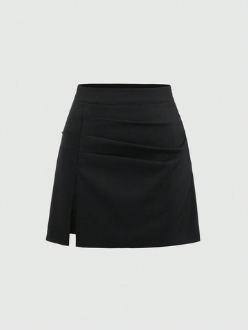 MOD 1pc Solid Color Asymmetric Pleated Side Slit Skirt, Summer