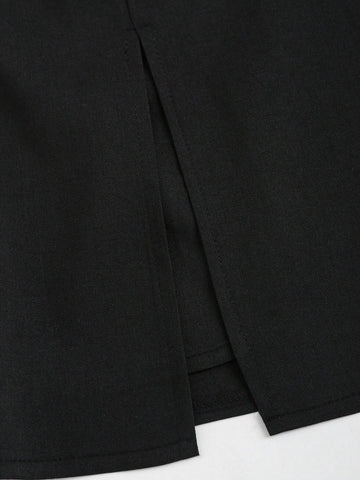 MOD 1pc Solid Color Asymmetric Pleated Side Slit Skirt, Summer