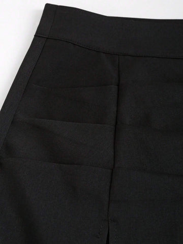 MOD 1pc Solid Color Asymmetric Pleated Side Slit Skirt, Summer