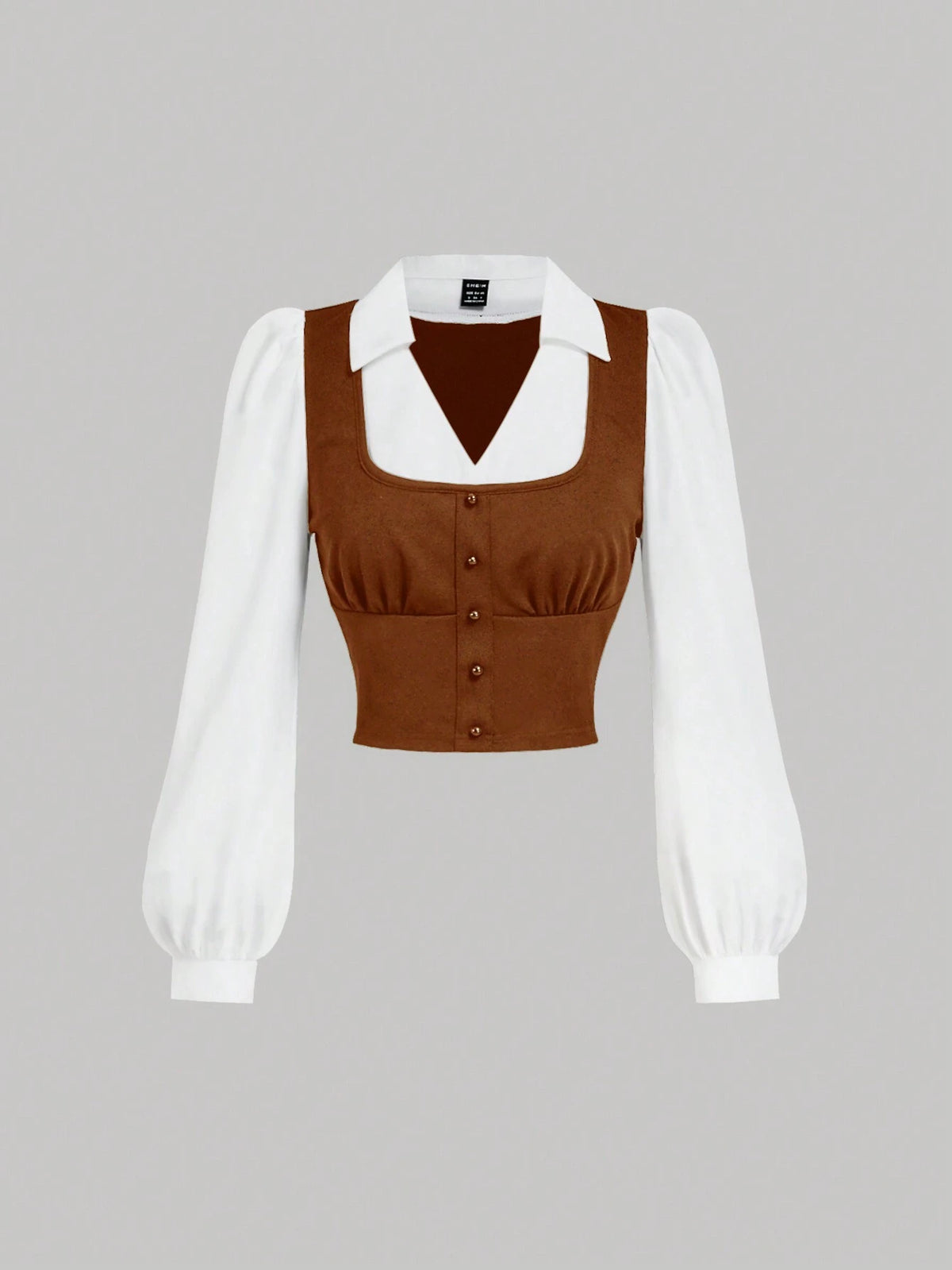 MOD 1pc Turn-Down Collar Long Sleeve Color Block Chest Ruched Black & White Color Block Shirt