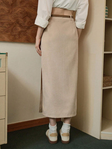 MOD 1pc Women Corduroy Apricot Bodycon Pencil Skirt With Side Slit, Mid-Length Skirt With Belt