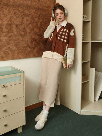 MOD 1pc Women Corduroy Apricot Bodycon Pencil Skirt With Side Slit, Mid-Length Skirt With Belt