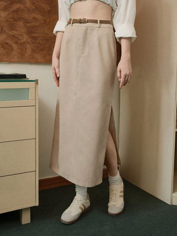 MOD 1pc Women Corduroy Apricot Bodycon Pencil Skirt With Side Slit, Mid-Length Skirt With Belt
