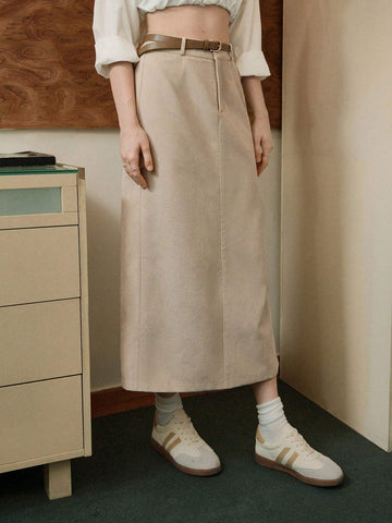 MOD 1pc Women Corduroy Apricot Bodycon Pencil Skirt With Side Slit, Mid-Length Skirt With Belt