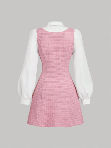 1pc Women's Elegant Plaid Patchwork 2 In 1 Collared Long Sleeve Dress, Autumn