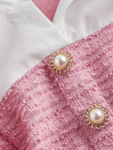 1pc Women's Elegant Plaid Patchwork 2 In 1 Collared Long Sleeve Dress, Autumn