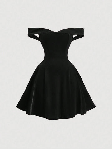 1pc Women's Off Shoulder Retro Palace Style Short Dress