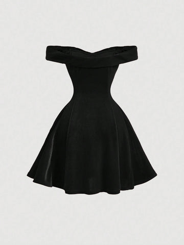 1pc Women's Off Shoulder Retro Palace Style Short Dress