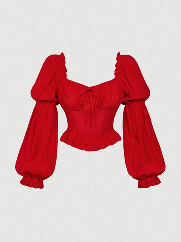 MOD 1pc Women's Solid Color Sweetheart Collar Ruffle Bust Pleated Elegant Long Sleeve Blouse