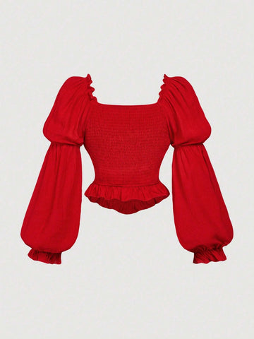 MOD 1pc Women's Solid Color Sweetheart Collar Ruffle Bust Pleated Elegant Long Sleeve Blouse