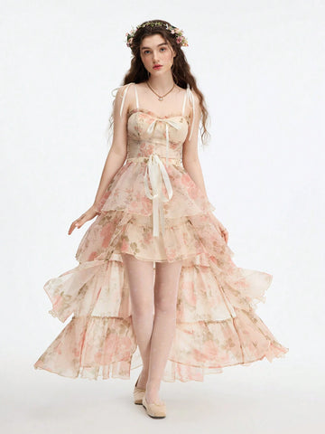 2 Piece Long Organza Print Maxi Swing Women Dress