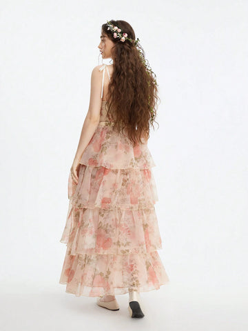 2 Piece Long Organza Print Maxi Swing Women Dress