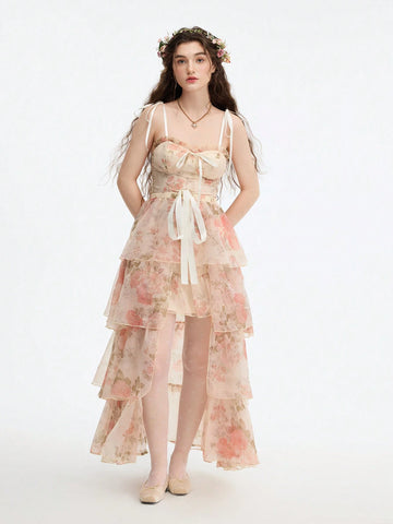 2 Piece Long Organza Print Maxi Swing Women Dress