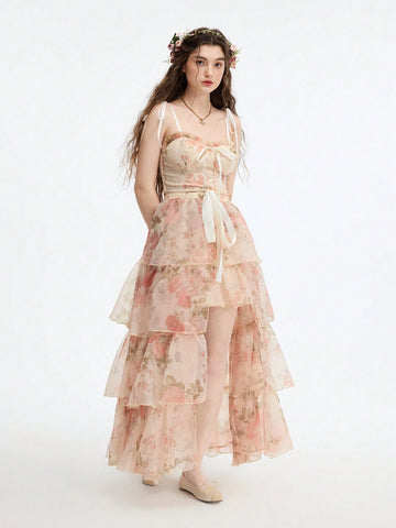 2 Piece Long Organza Print Maxi Swing Women Dress