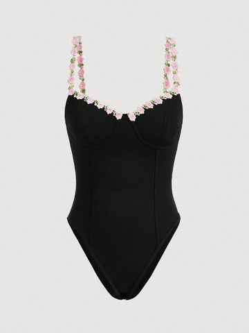 3d Embroidered Lace Trim Spaghetti Strap Bodysuit