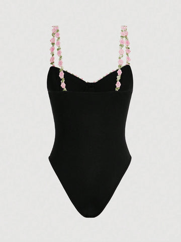 3d Embroidered Lace Trim Spaghetti Strap Bodysuit