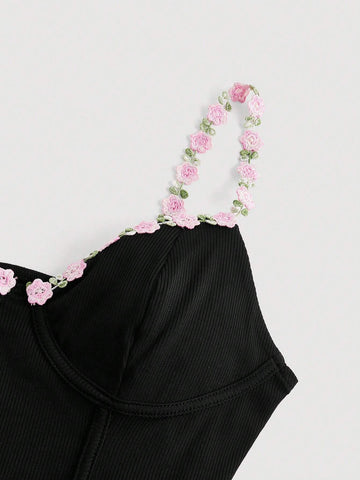 3d Embroidered Lace Trim Spaghetti Strap Bodysuit