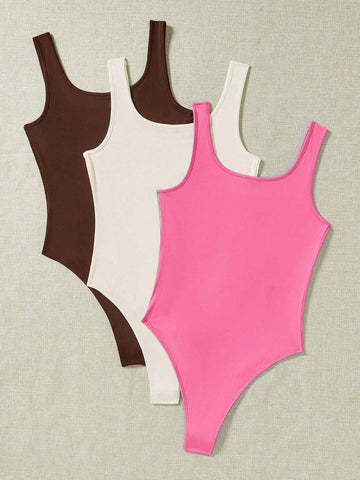 3pcs Women's Sleeveless Bodysuit Set, Tight-Fitting & Casual, Suitable For Summer