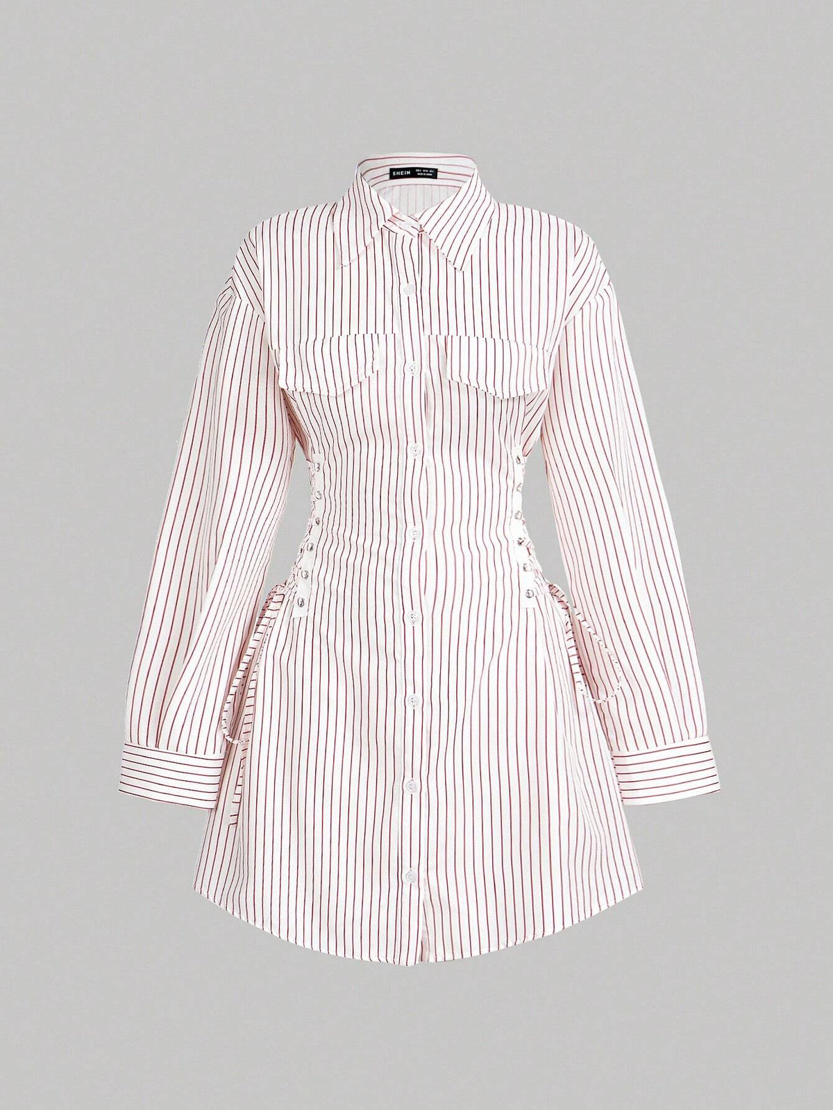 Adjustable Waist Tie Bow Tie Puff Sleeve Striped Shirt Dress