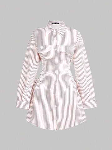Adjustable Waist Tie Bow Tie Puff Sleeve Striped Shirt Dress