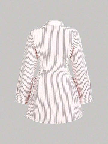 Adjustable Waist Tie Bow Tie Puff Sleeve Striped Shirt Dress
