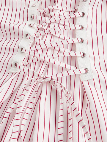 Adjustable Waist Tie Bow Tie Puff Sleeve Striped Shirt Dress