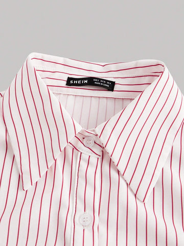 Adjustable Waist Tie Bow Tie Puff Sleeve Striped Shirt Dress