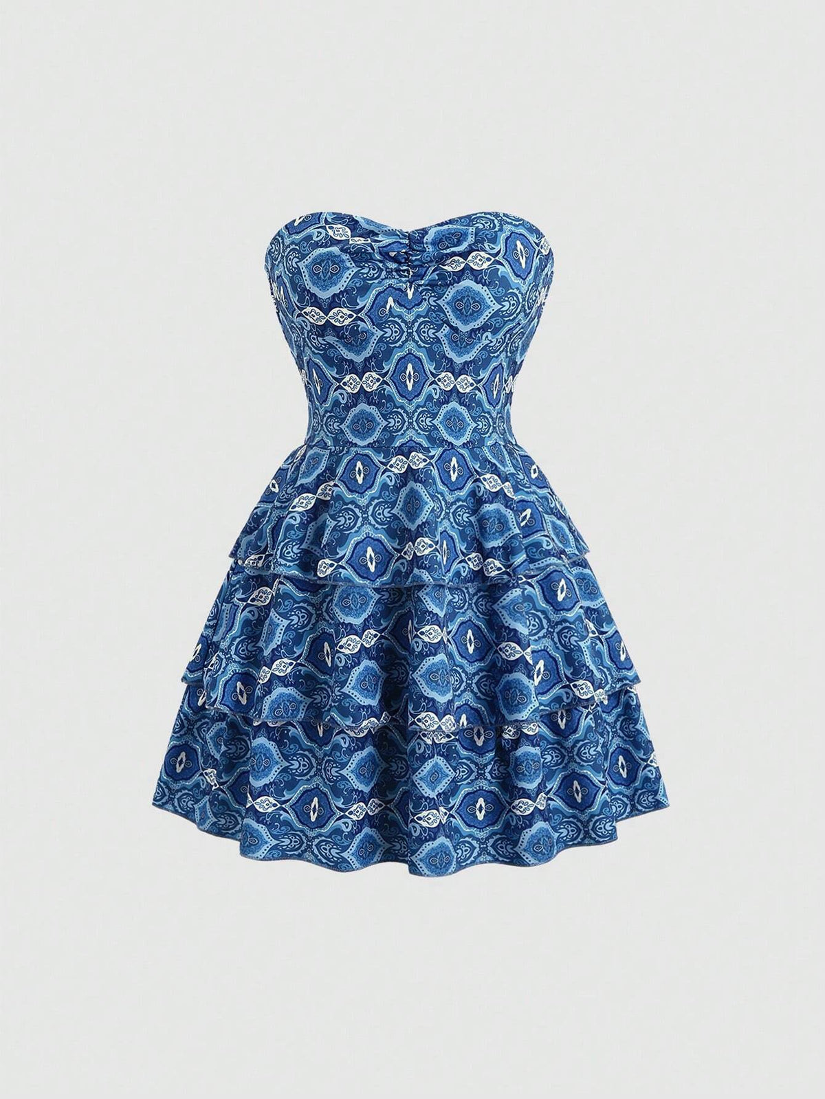 Allover Print Shirred Back Layered Ruffle Hem Women's Tube Dress