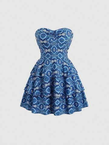 Allover Print Shirred Back Layered Ruffle Hem Women's Tube Dress