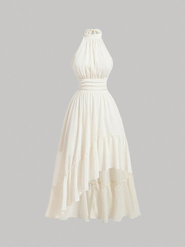 Apricot Asymmetrical Halter Neck Dress With Backless, Pleated Bust And Ruffle Hemline