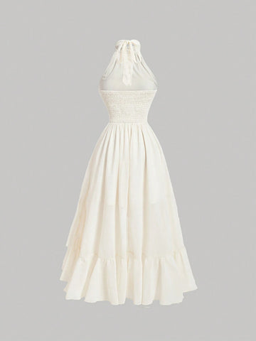 Apricot Asymmetrical Halter Neck Dress With Backless, Pleated Bust And Ruffle Hemline