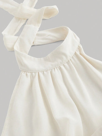 Apricot Asymmetrical Halter Neck Dress With Backless, Pleated Bust And Ruffle Hemline