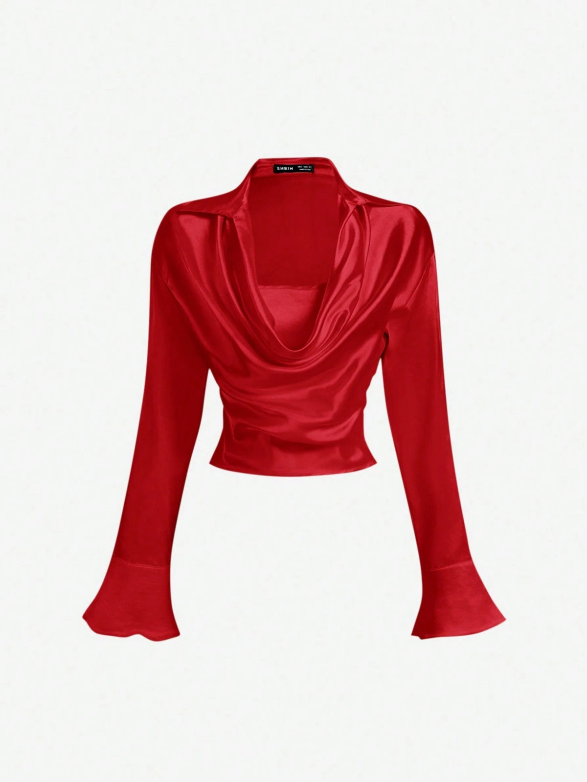 MOD Apricot Draped Collar Satin Trumpet Sleeve Shirt, Vintage, Party,Formal Top,Fall Women