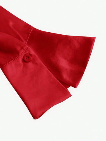 MOD Apricot Draped Collar Satin Trumpet Sleeve Shirt, Vintage, Party,Formal Top,Fall Women