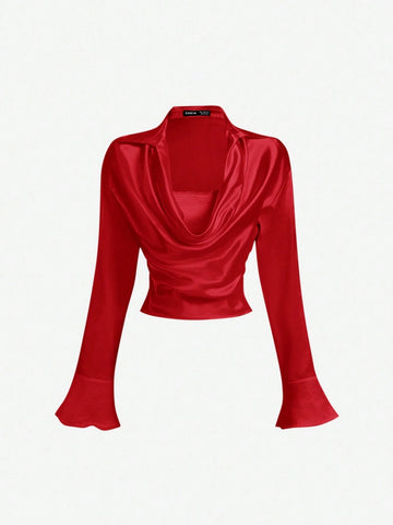 MOD Apricot Draped Collar Satin Trumpet Sleeve Shirt, Vintage, Party,Formal Top,Fall Women