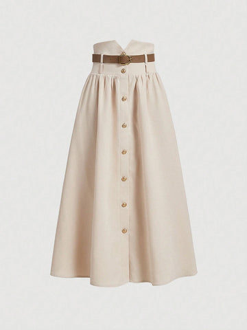 MOD Apricot High-Waisted Metal Buckle Skirt With Belt, Elegant Dresses,Fall/Winter Skirt,Old Money Style Skirt ,Fall Wedding Guest Skirt,Halloween Outfits,Tall Women Skirt,Renaissance Fair Skirt