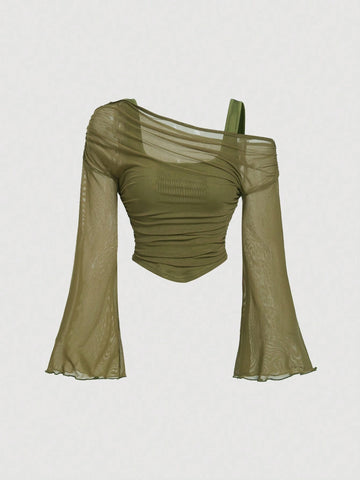 Off-Shoulder Mesh 2in1 Trumpet Sleeve Long Sleeve Women's