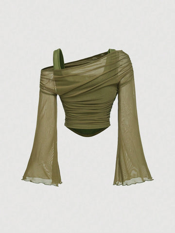 Off-Shoulder Mesh 2in1 Trumpet Sleeve Long Sleeve Women's