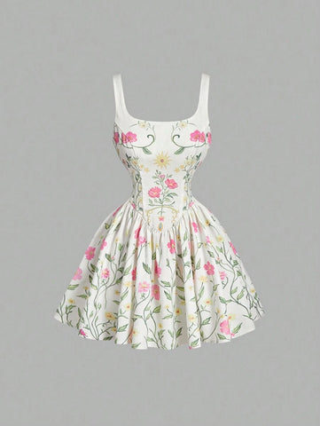 Apricot Retro Romantic Floral Print Women's Dress, Valentine's Outfit,Date Dress