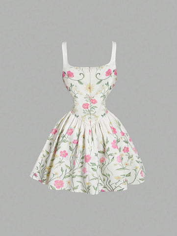 Apricot Retro Romantic Floral Print Women's Dress, Valentine's Outfit,Date Dress