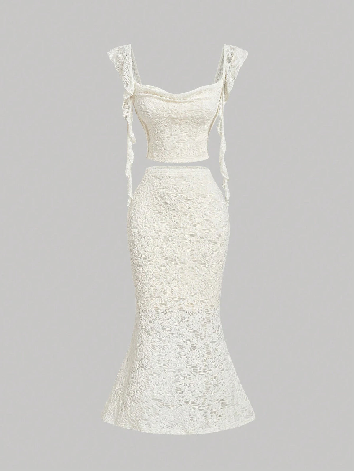 Apricot Tie Shoulder Cropped Blouse, Mermaid Midi Skirt, Ladies Elegant 2-Piece Set