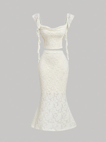 Apricot Tie Shoulder Cropped Blouse, Mermaid Midi Skirt, Ladies Elegant 2-Piece Set