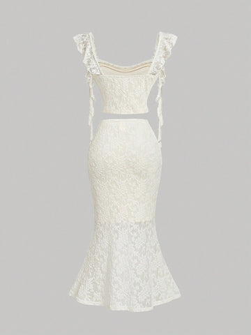 Apricot Tie Shoulder Cropped Blouse, Mermaid Midi Skirt, Ladies Elegant 2-Piece Set