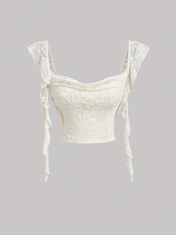 Apricot Tie Shoulder Cropped Blouse, Mermaid Midi Skirt, Ladies Elegant 2-Piece Set