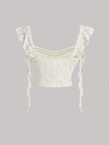 Apricot Tie Shoulder Cropped Blouse, Mermaid Midi Skirt, Ladies Elegant 2-Piece Set