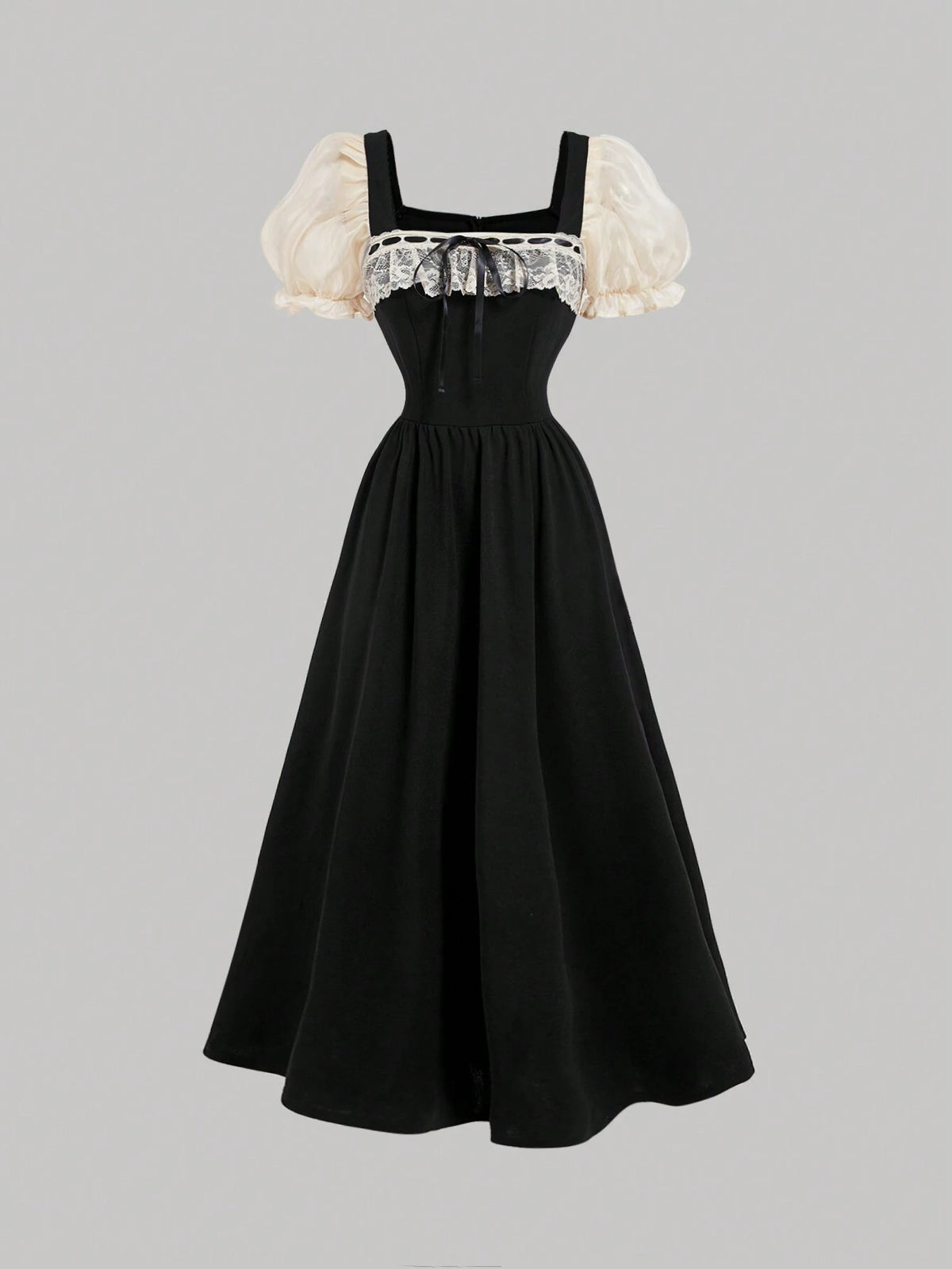 Black And Apricot Palace Lace Vintage Bow Puff Sleeve Long Dress,Concert Dress,Brunch