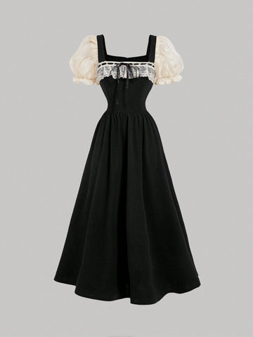 Black And Apricot Palace Lace Vintage Bow Puff Sleeve Long Dress,Concert Dress,Brunch